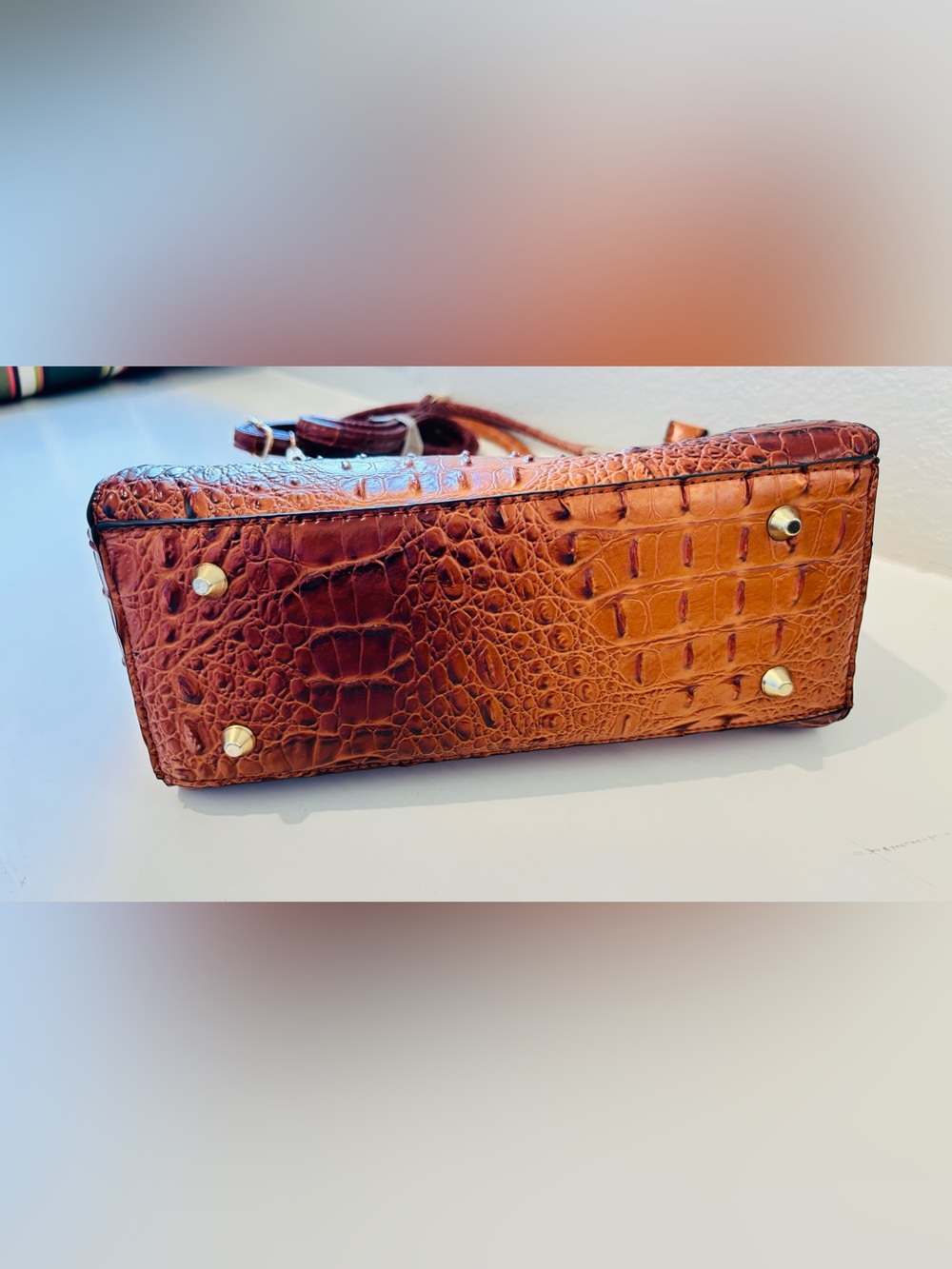 Croc-Embossed Shoulder Tote in Cognac Brown with Gold Accents and strap - Picture 14 of 15